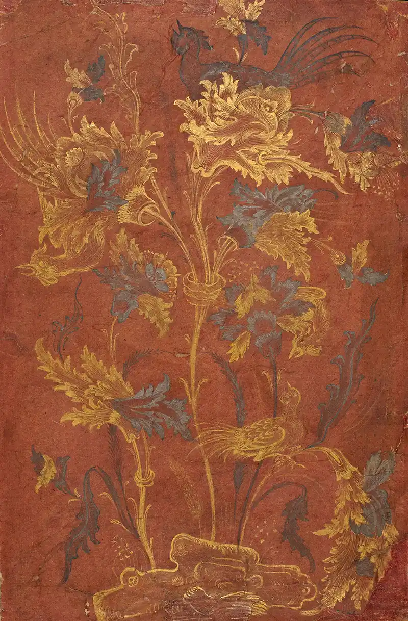 Traditional Persian miniature painting of flowers and bird
